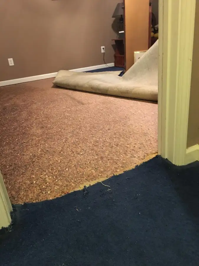 Carpet pad removal revealing water damage during Drying & Dehumidification in Sanger